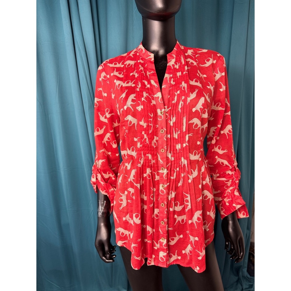 Maeve Anthropologie Red‎ Cheetah Print Pintuck Cotton Blouse Size 6